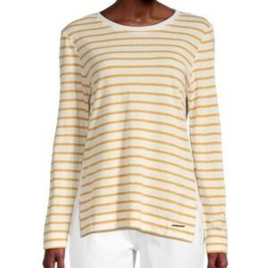 Donna Karan New York Striped Rounded Neck Long Sleeve Top Sz XL Side Vents NEW